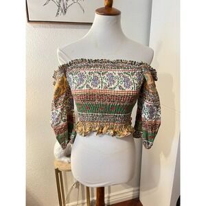 Zara Womens Smocked Off Shoulder Linen Floarl Paisley Top Sz XS Cottage Bohemian